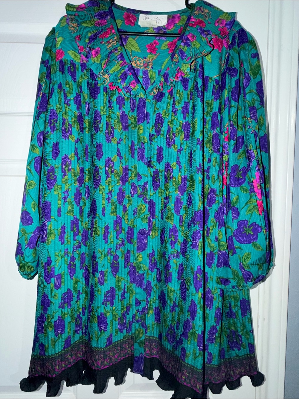 Vintage Floral Pleated Tunic Top - Turquoise & Purple